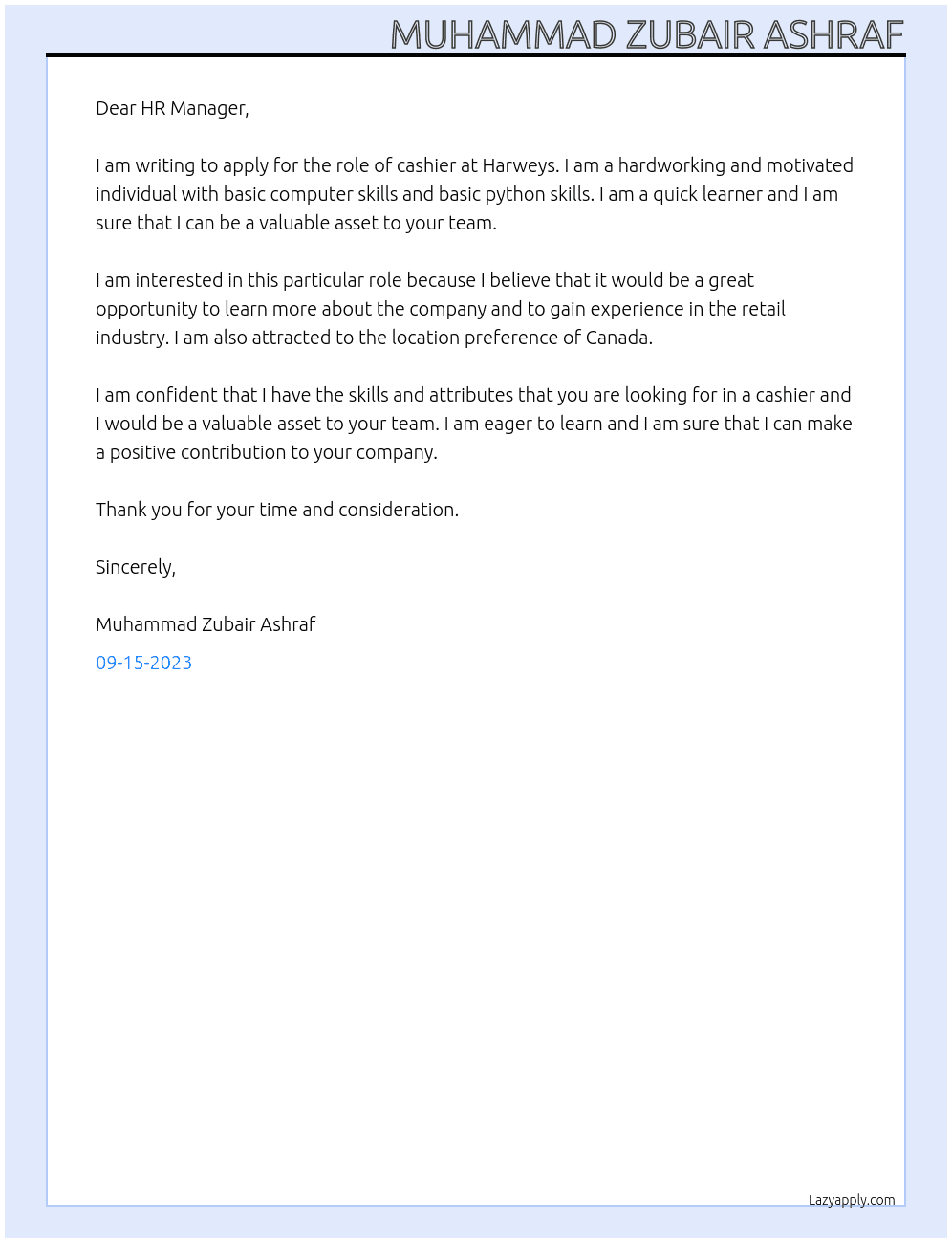 cashier At Harweys Cover Letter