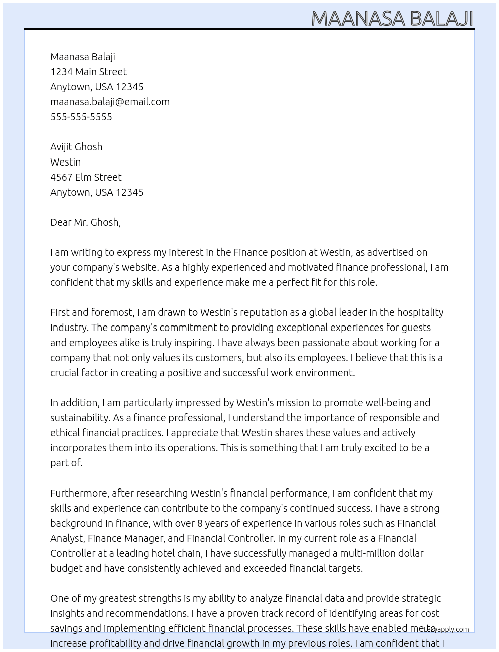 Finance At Westin Cover Letter