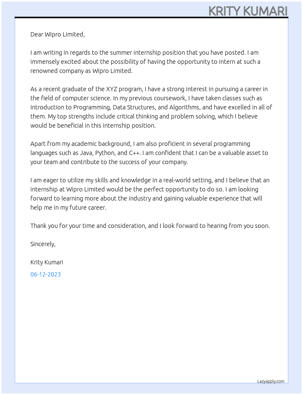 summer internship  At Wipro Limited Cover Letter