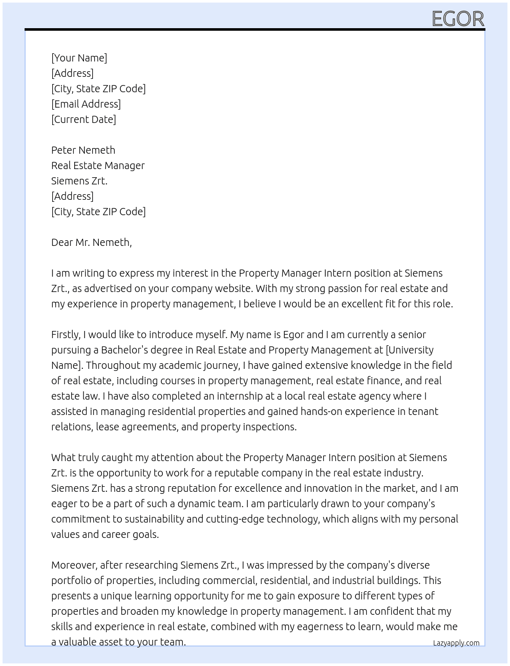 Property manager intern At Siemens Zrt. Cover Letter