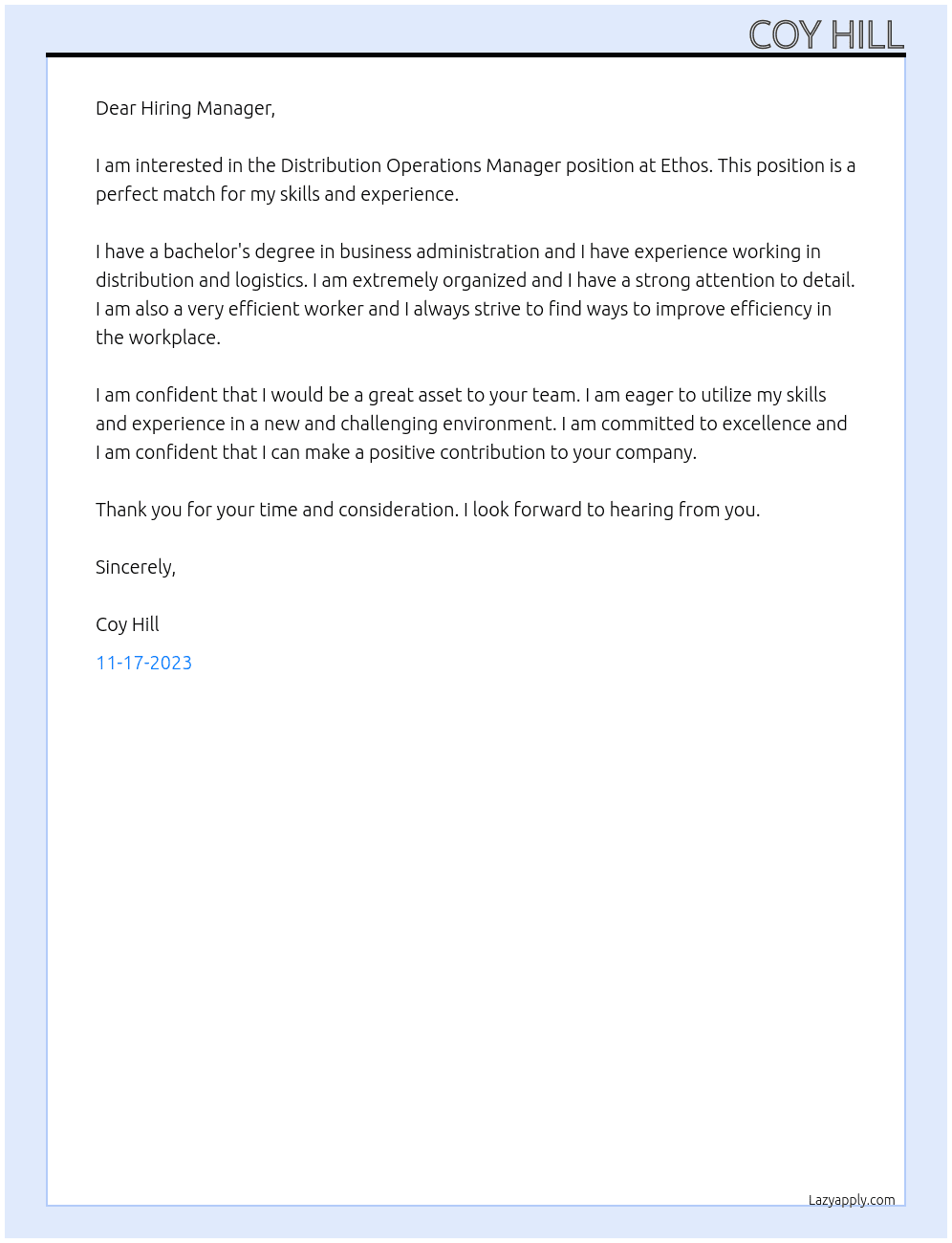 Distribution Operations Manager At Ethos Cover Letter