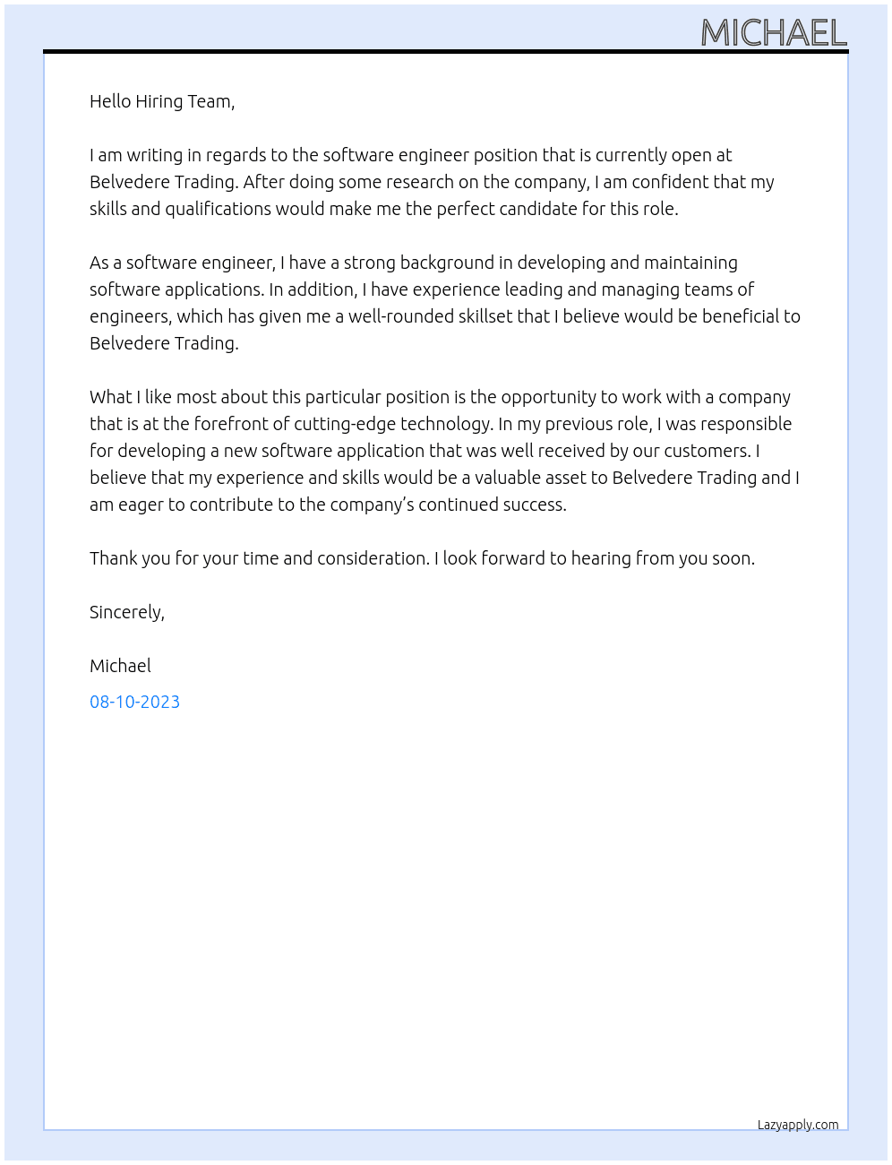 software engineer At belvedere trading Cover Letter