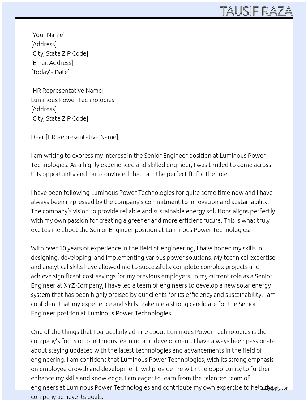 SENIOR ENGINEER At Luminous Power Technologies Cover Letter