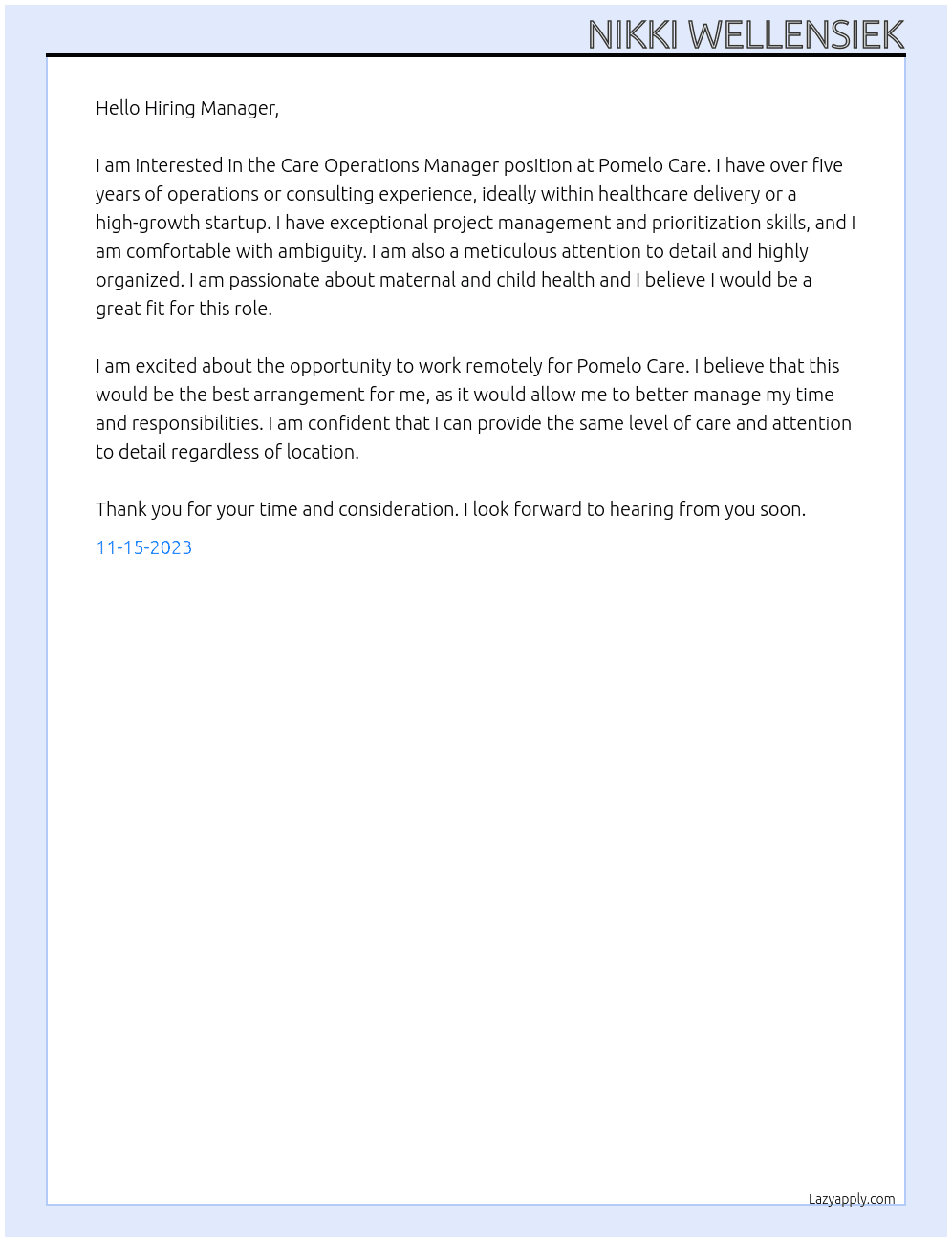 Care Operations Manager At Pomelo Care Cover Letter