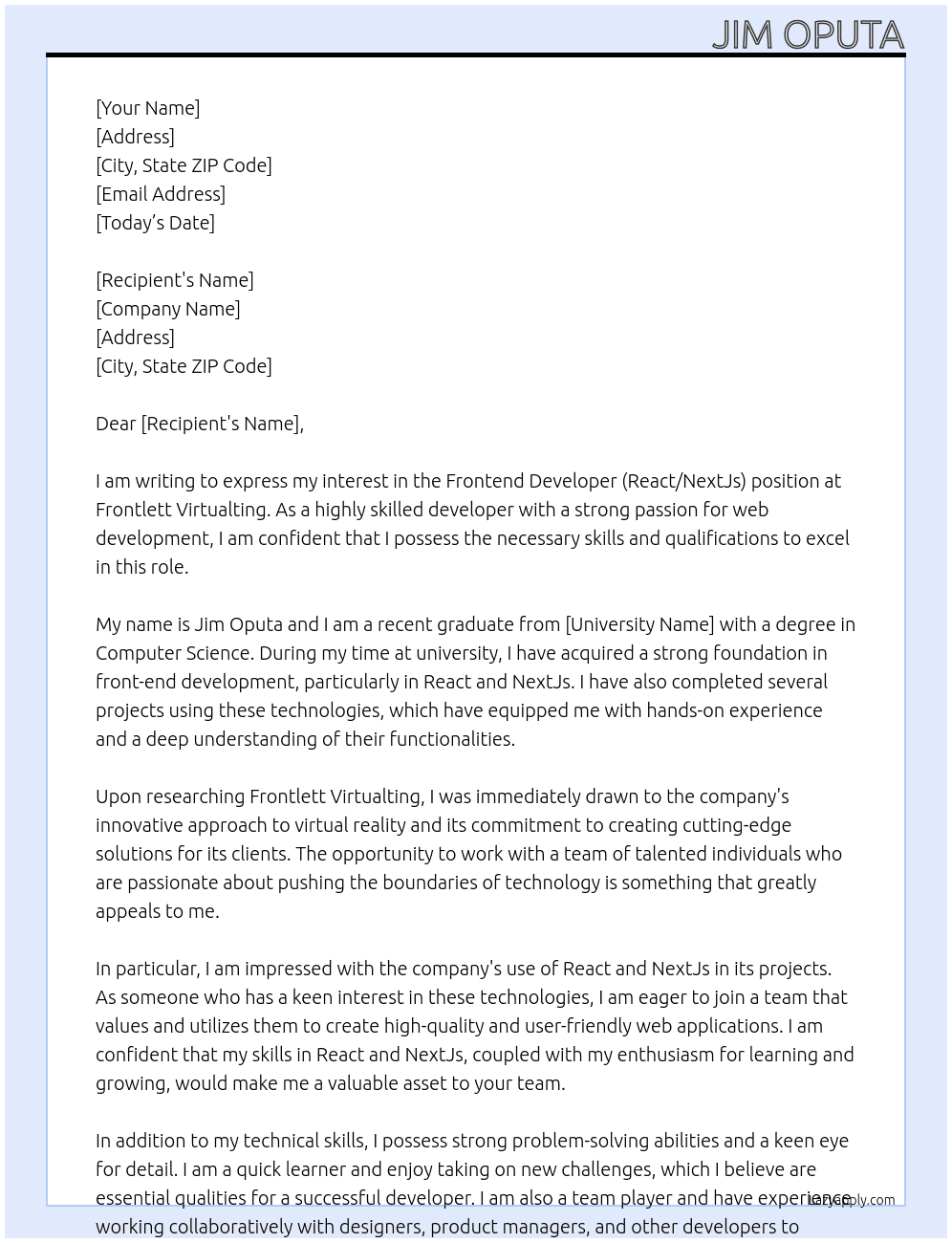 Frontend Developer (React/NextJs) At Frontlett Virtualting Cover Letter