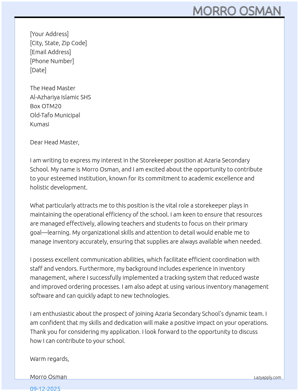 Storekeeper  At Azaria secondary school  Cover Letter