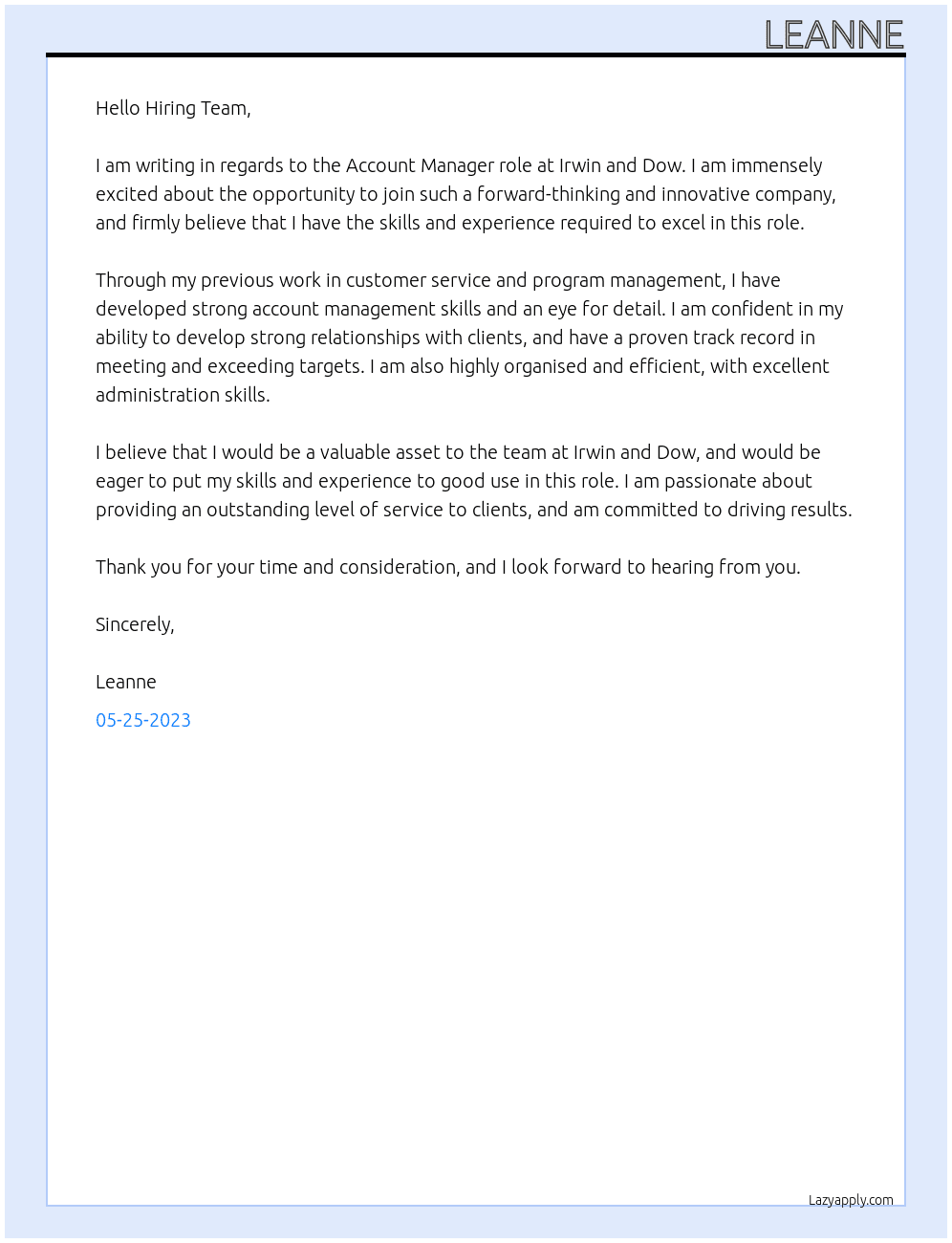 Account Manager At Irwin and Dow Cover Letter