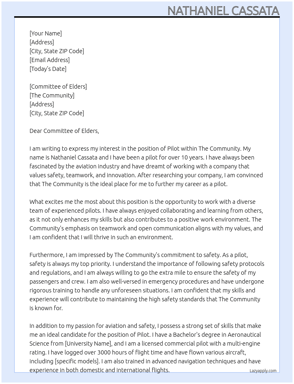 Pilot  At The community Cover Letter