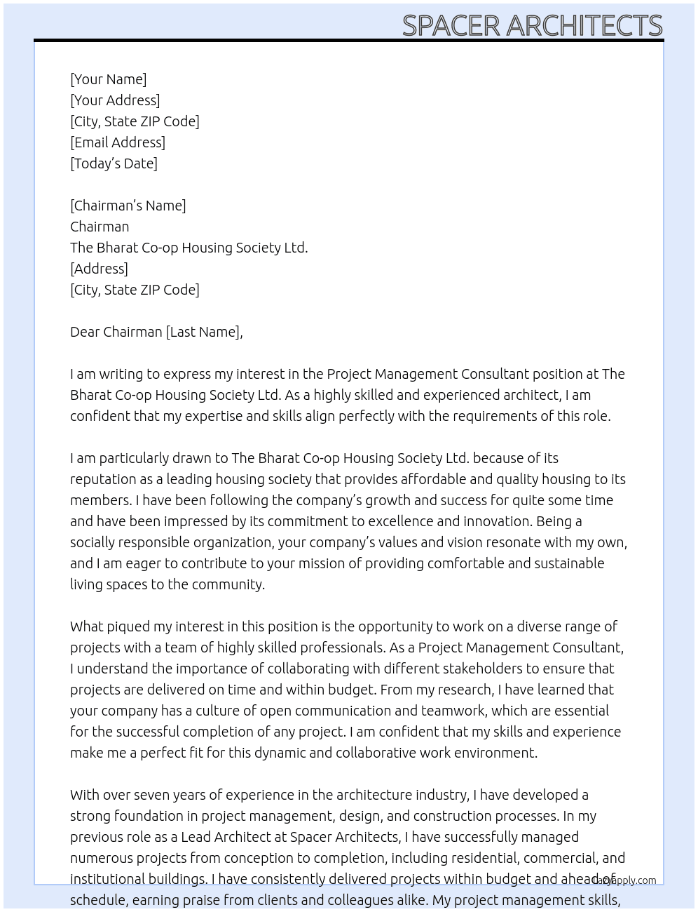 project managemnt consultant At the bharat co-op housing society ltd. Cover Letter