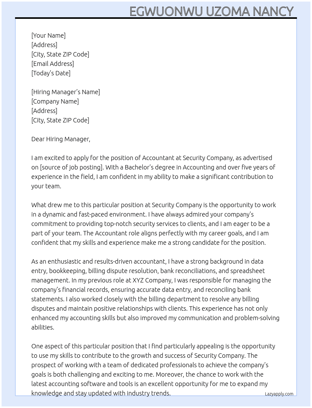 Accountant  At Security company  Cover Letter