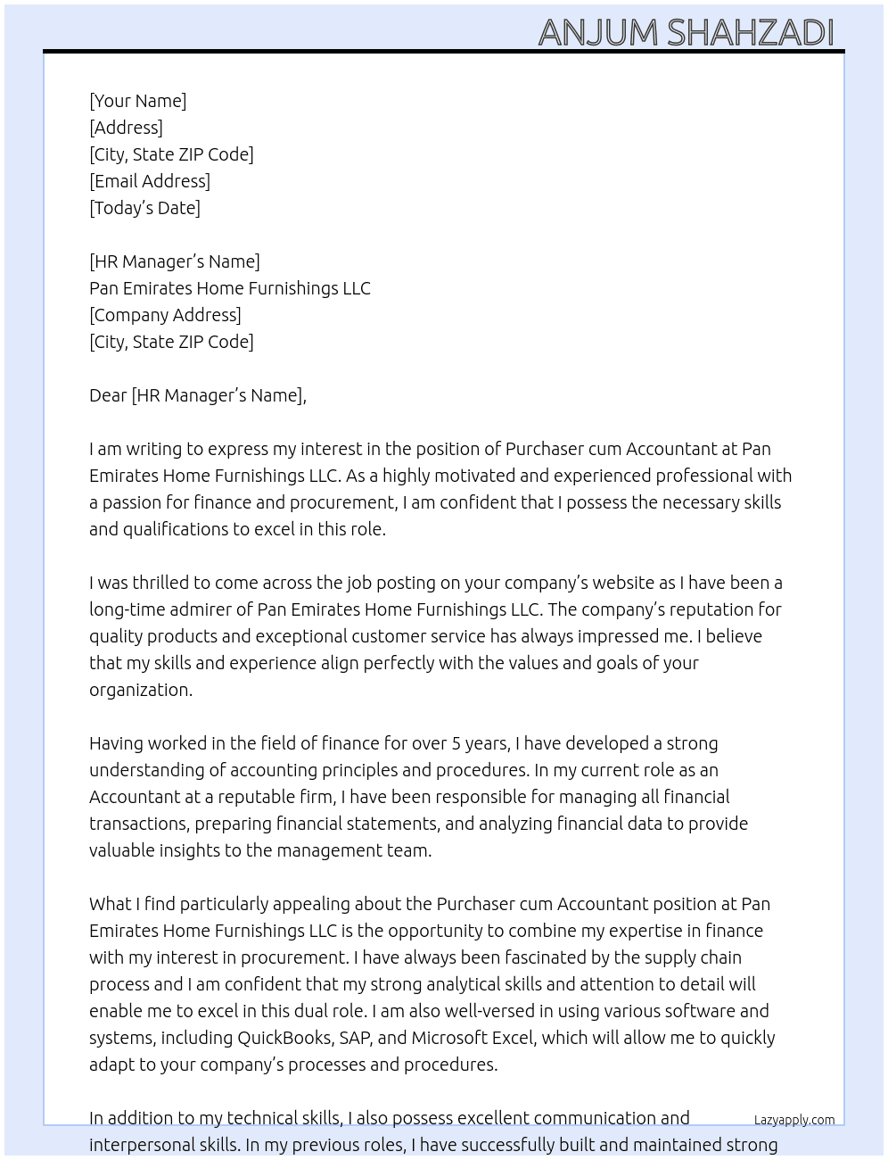 Purchaser cum Accountant  At Pan Emirates Home Furnishings LLC Cover Letter
