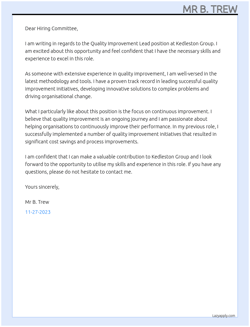 Quality Improvement Lead At Kedleston Group Cover Letter