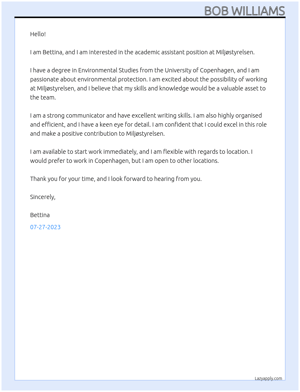 Academic assistant At Miljøstyrelsen Cover Letter