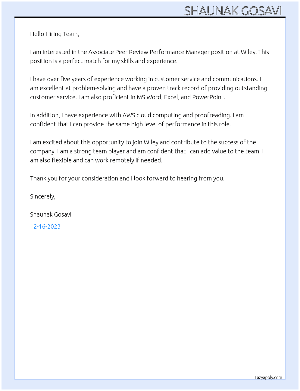 Associate Peer Review Performance Manager At Wiley Cover Letter
