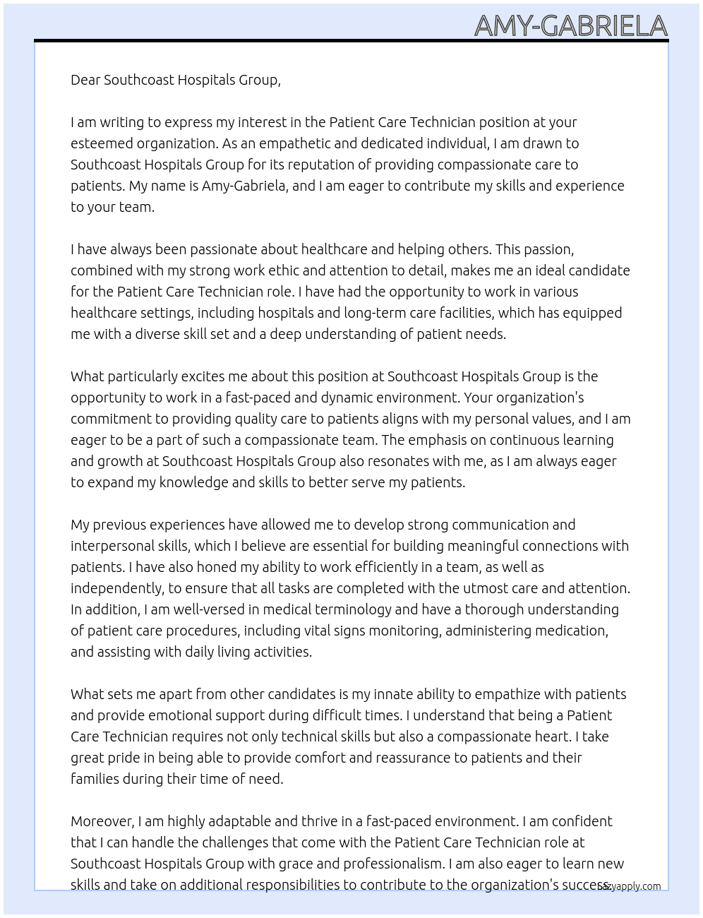 Patient Care Technician At Southcoast Hospitals Group Cover Letter