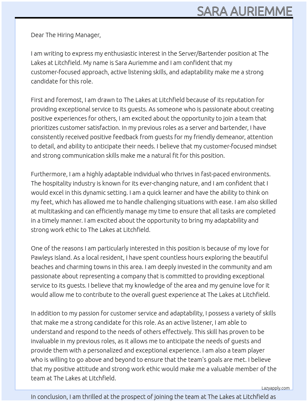 Server/ Bartender At The Lakes at Litchfield Cover Letter