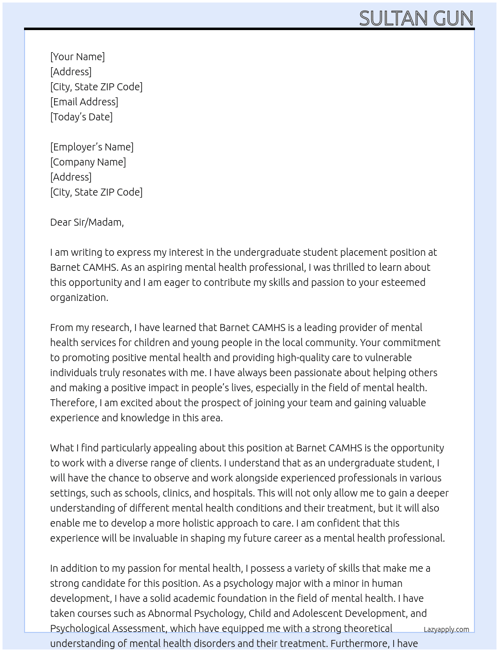 undergraduate student placement At Barnet CAMHS Cover Letter