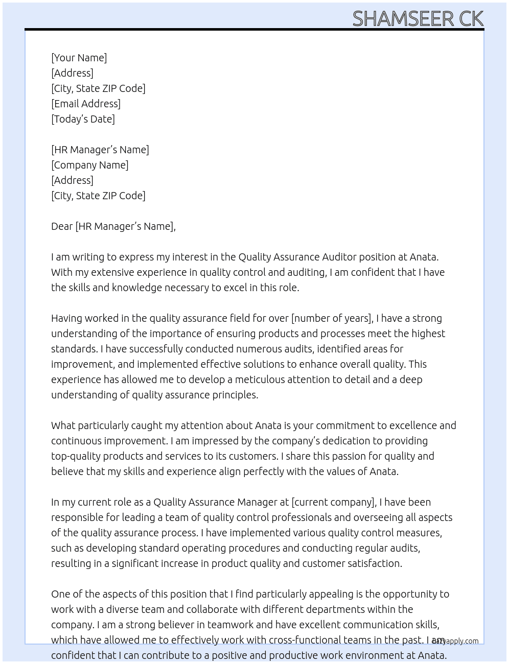Quality assurance auditor At Anata Cover Letter