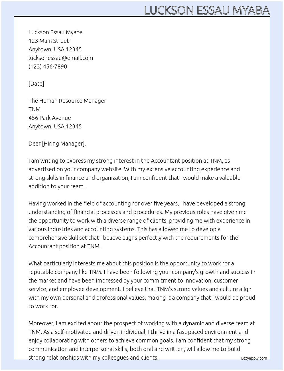 Accountant At TNM Cover Letter