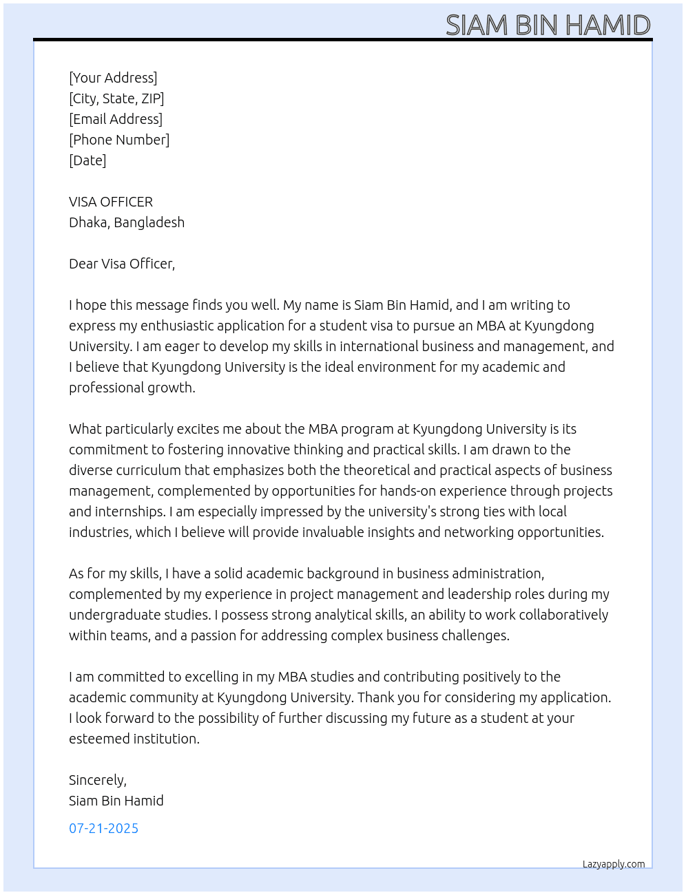 Cover letter for student visa application for mba studies - LazyApply