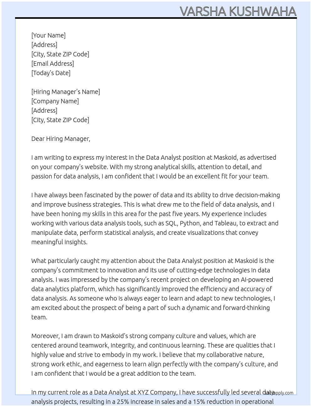 Data Analyst  At Maskoid Cover Letter