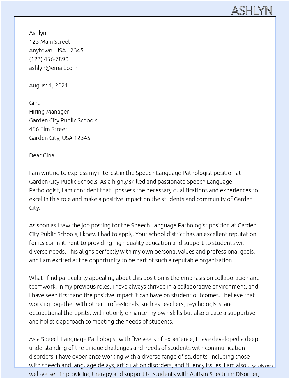 Speech Language Pathologist  At Garden City Public Schools Cover Letter