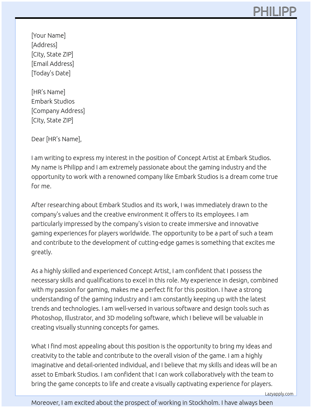 Concept Artist At embark studios Cover Letter