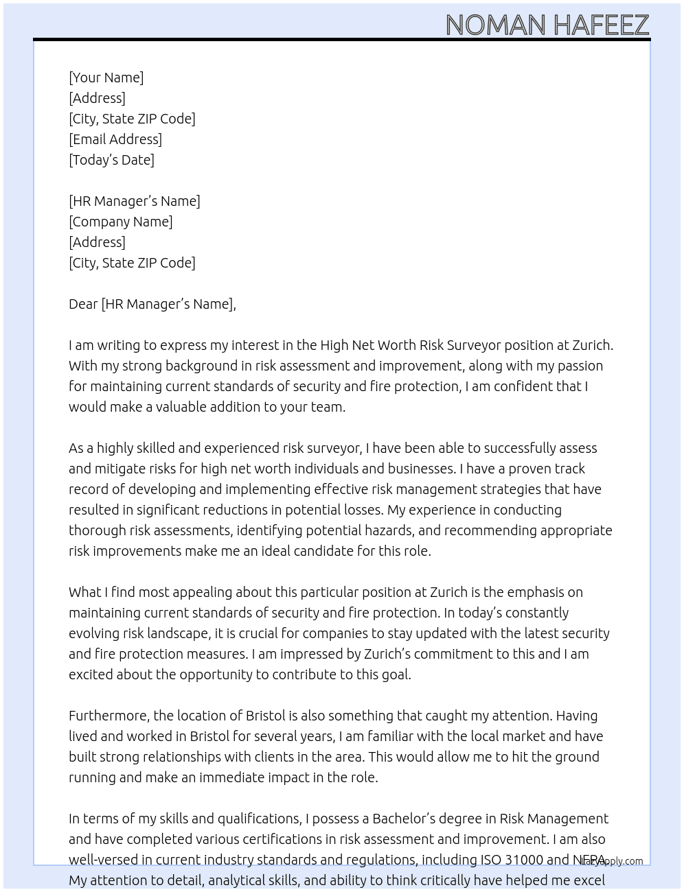 Cover letter for high net worth risk surveyor - LazyApply
