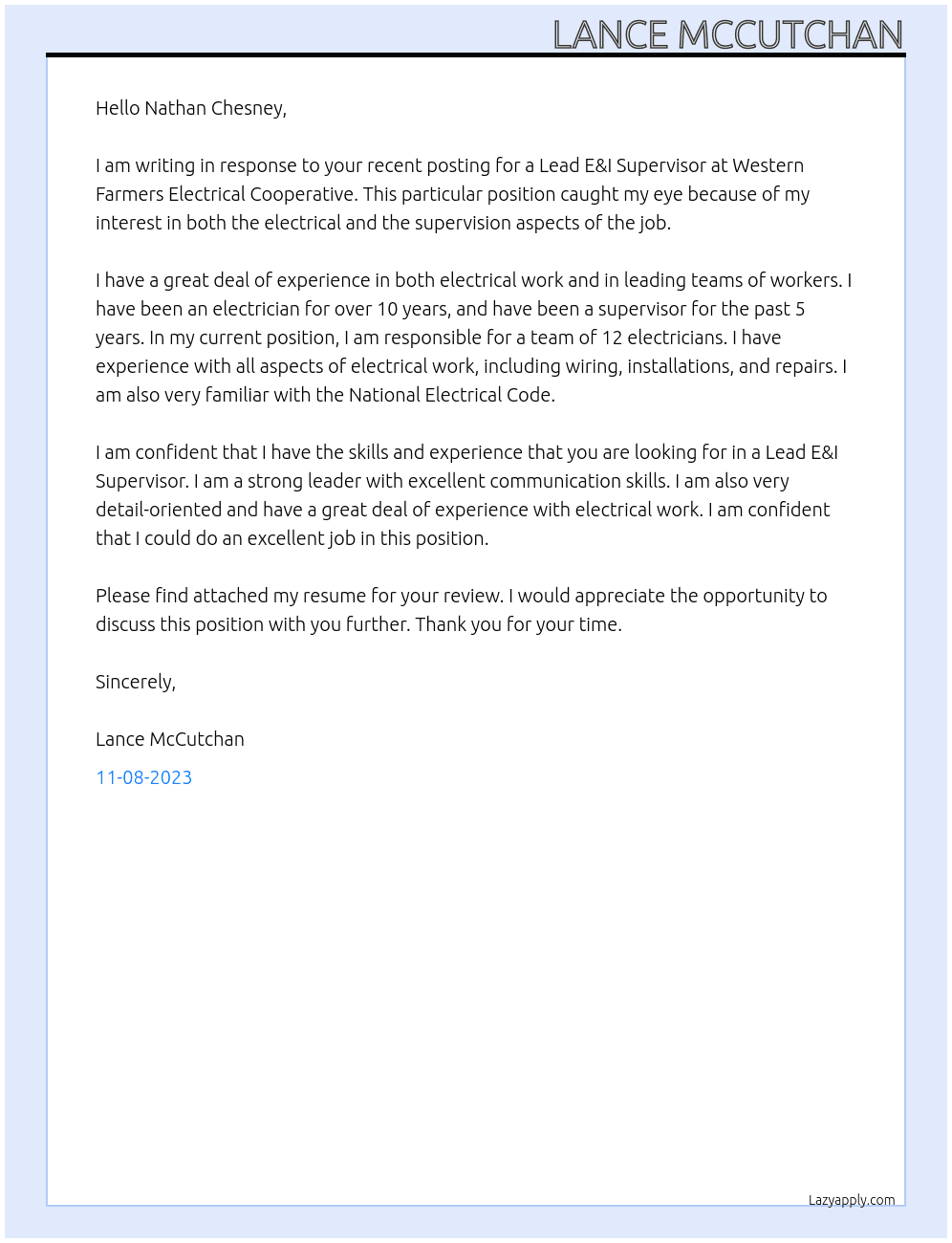 Lead E&I Supervisor At Western Farmers Electrical Cooperative Cover Letter