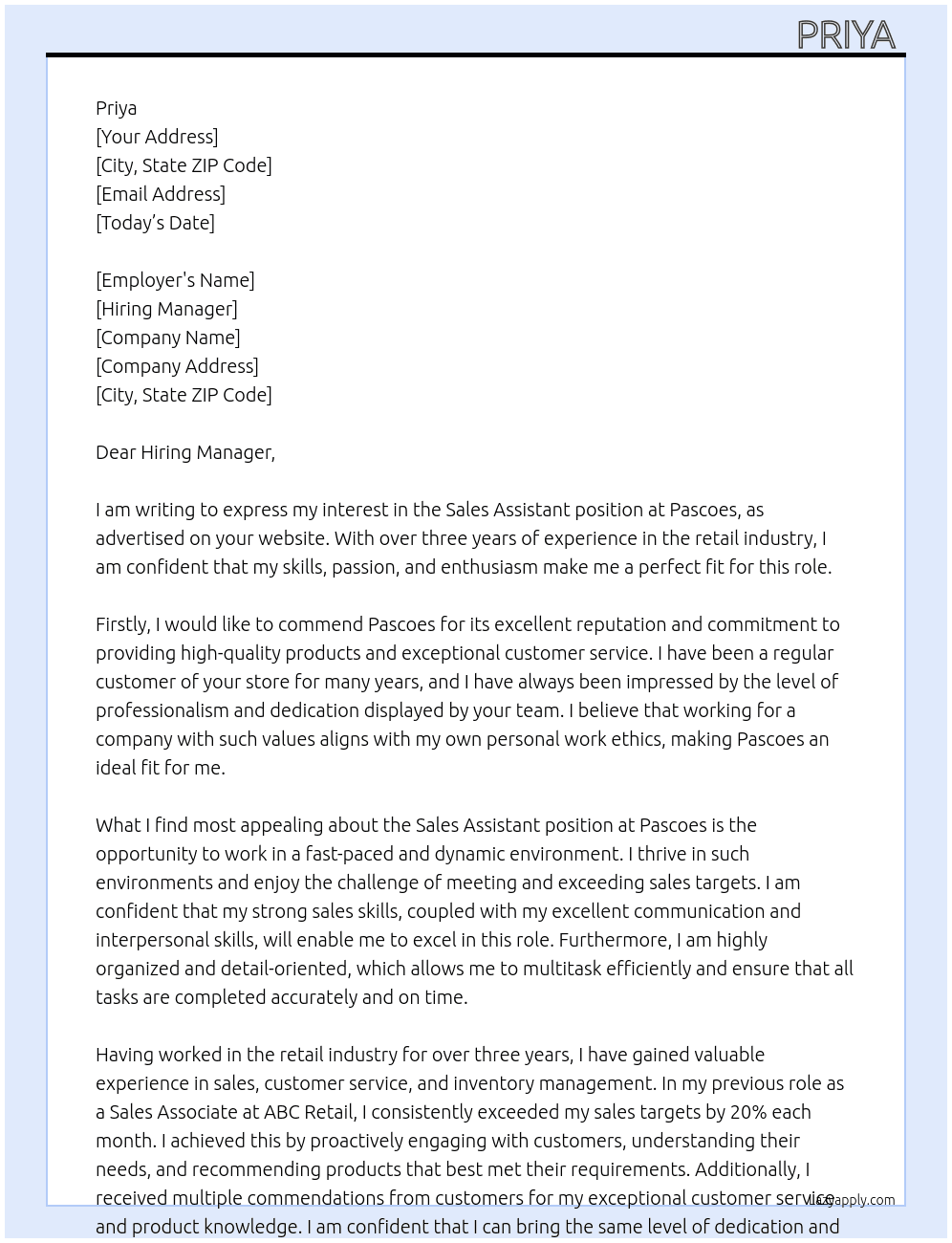 sales assitant At pascoes Cover Letter
