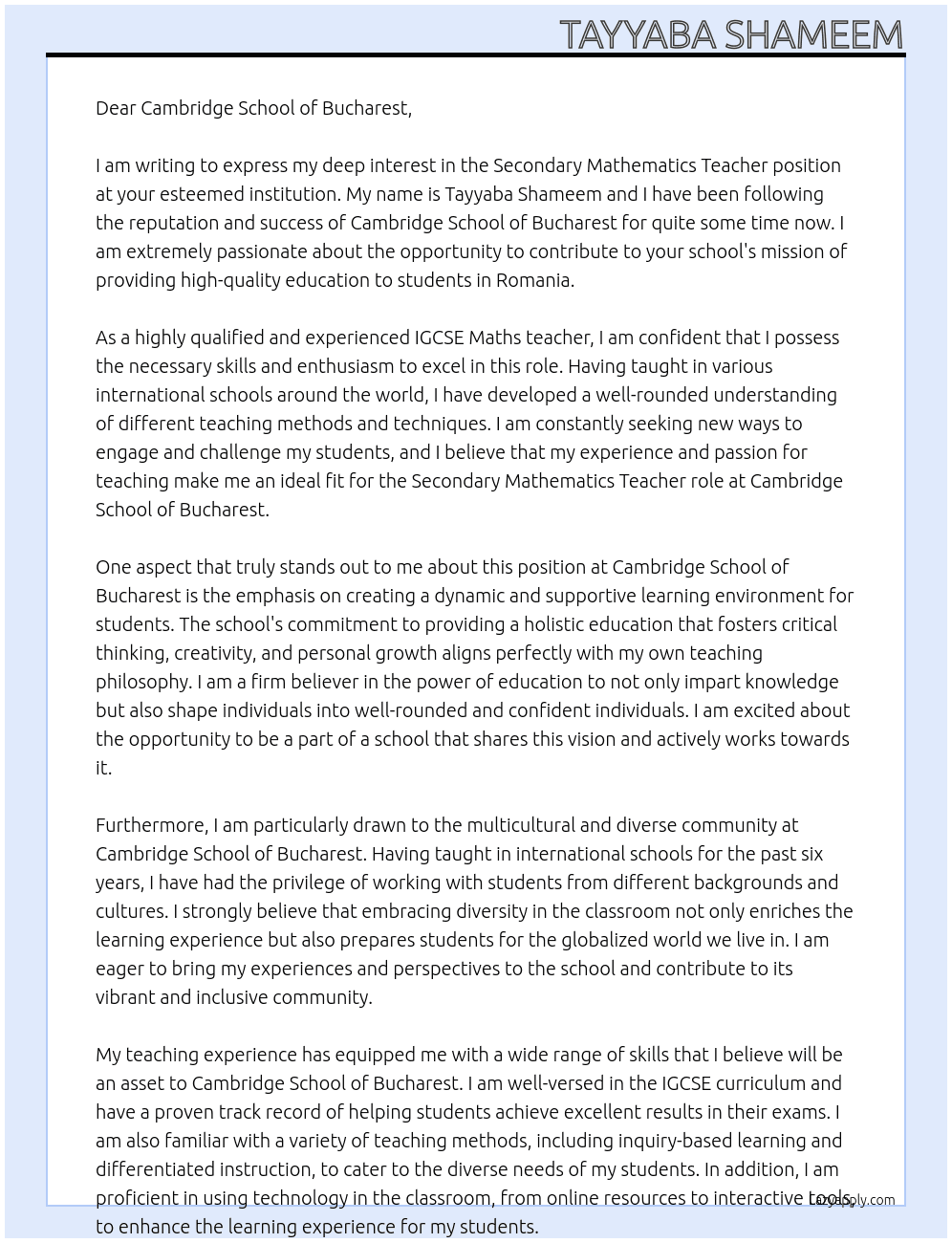Secondary Mathematics teacher At Cambridge School of Bucharest Cover Letter