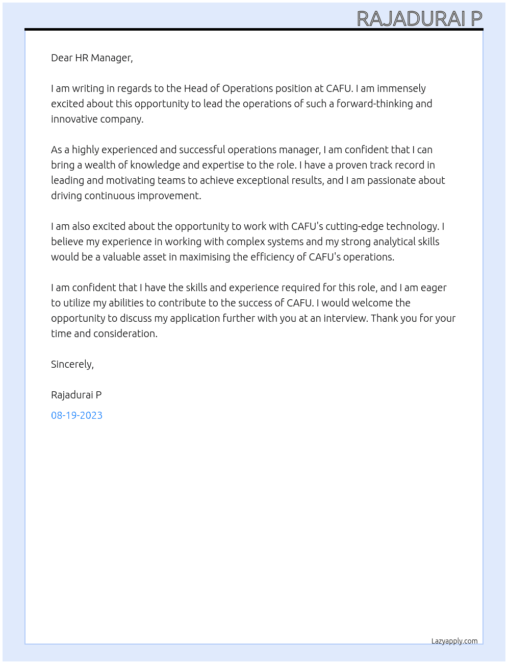 Head of Operations At CAFU Cover Letter