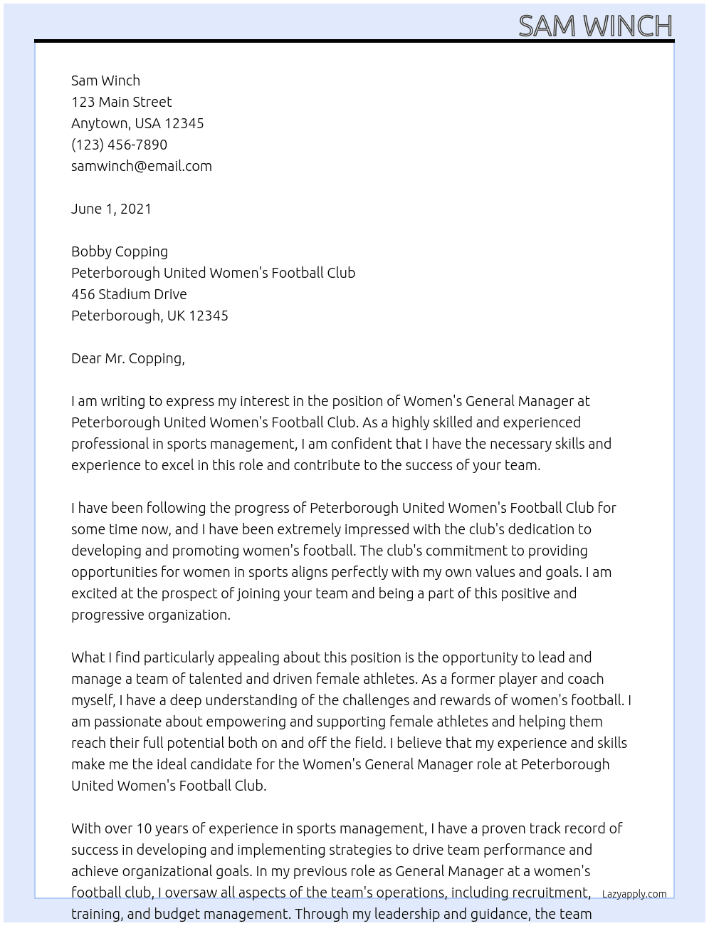 Womens General Manager At peterborough united womens football club Cover Letter