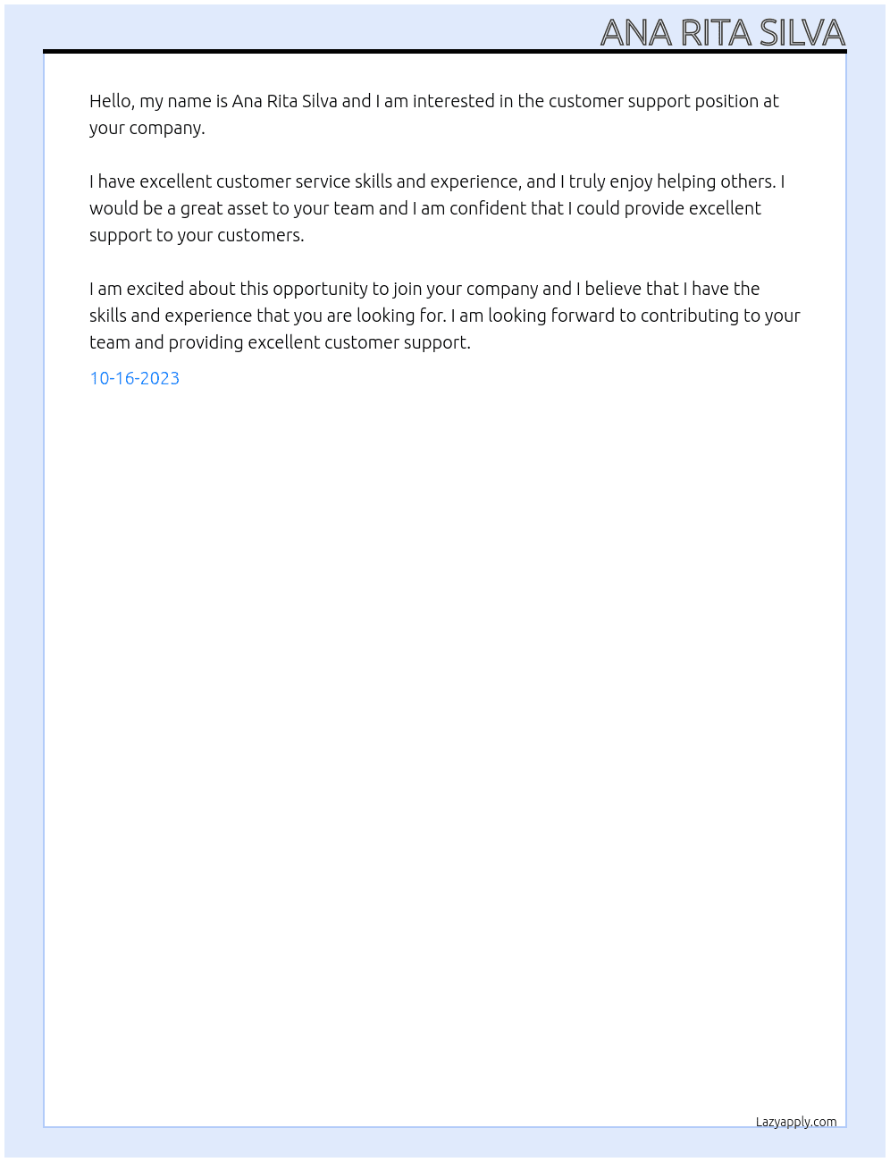 costumer support At custormer support Cover Letter