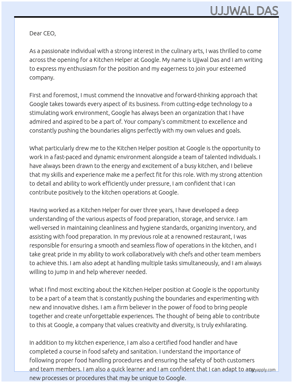 Kitchen helper  At Google  Cover Letter