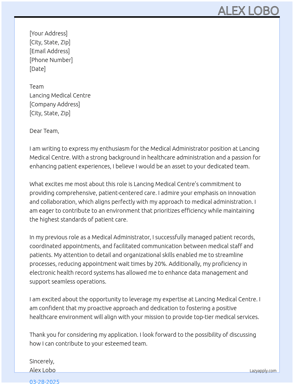 Medical administrator  At Lancing Medical Centre Cover Letter
