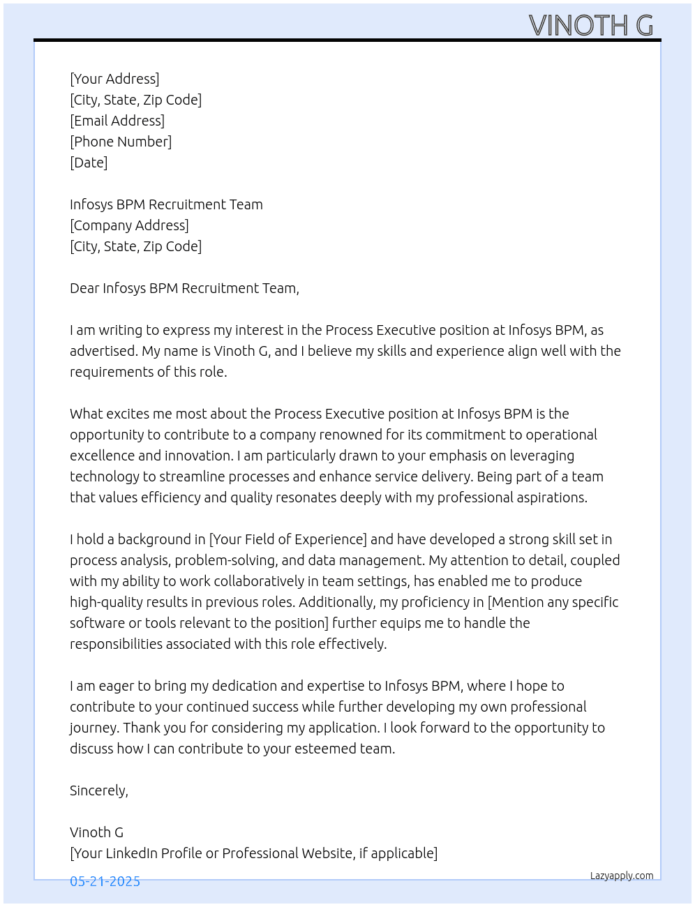 Cover letter for process executive - LazyApply