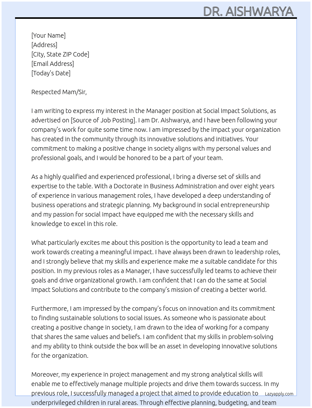Manager  At Social Impact solutions  Cover Letter