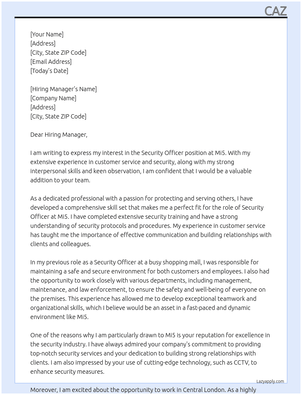 Security Officer At Mi5 Cover Letter