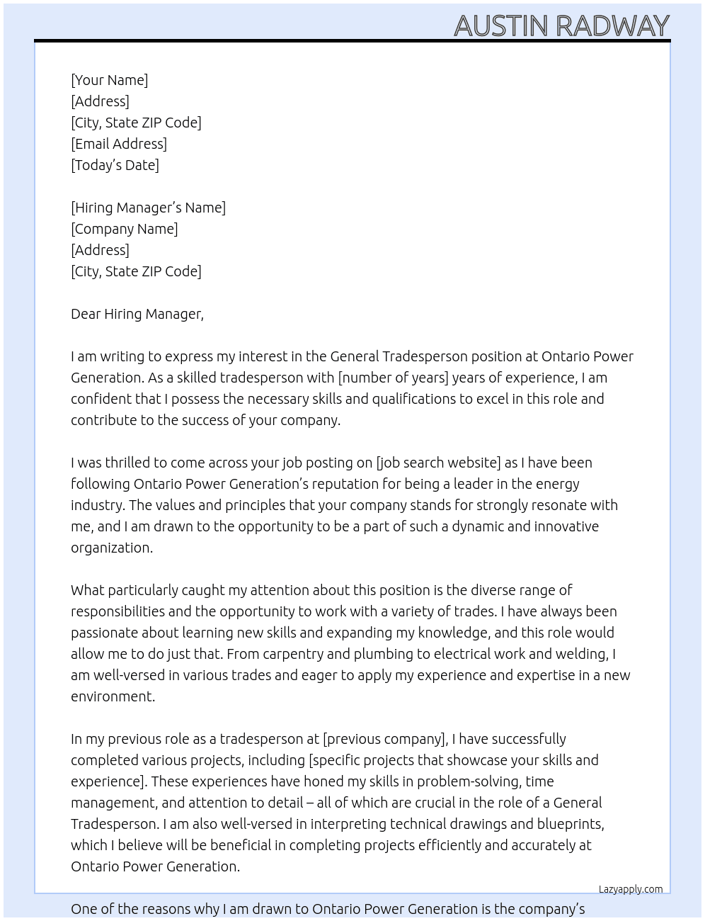 General Tradesperson At Ontario Power Generation Cover Letter