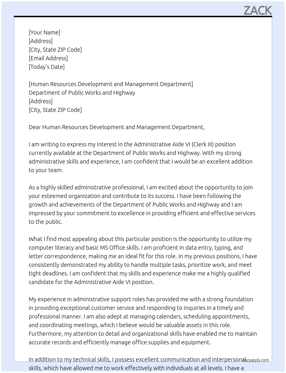 Administrative Aide VI (Clerk III) At Department of Public Works and Highway Cover Letter