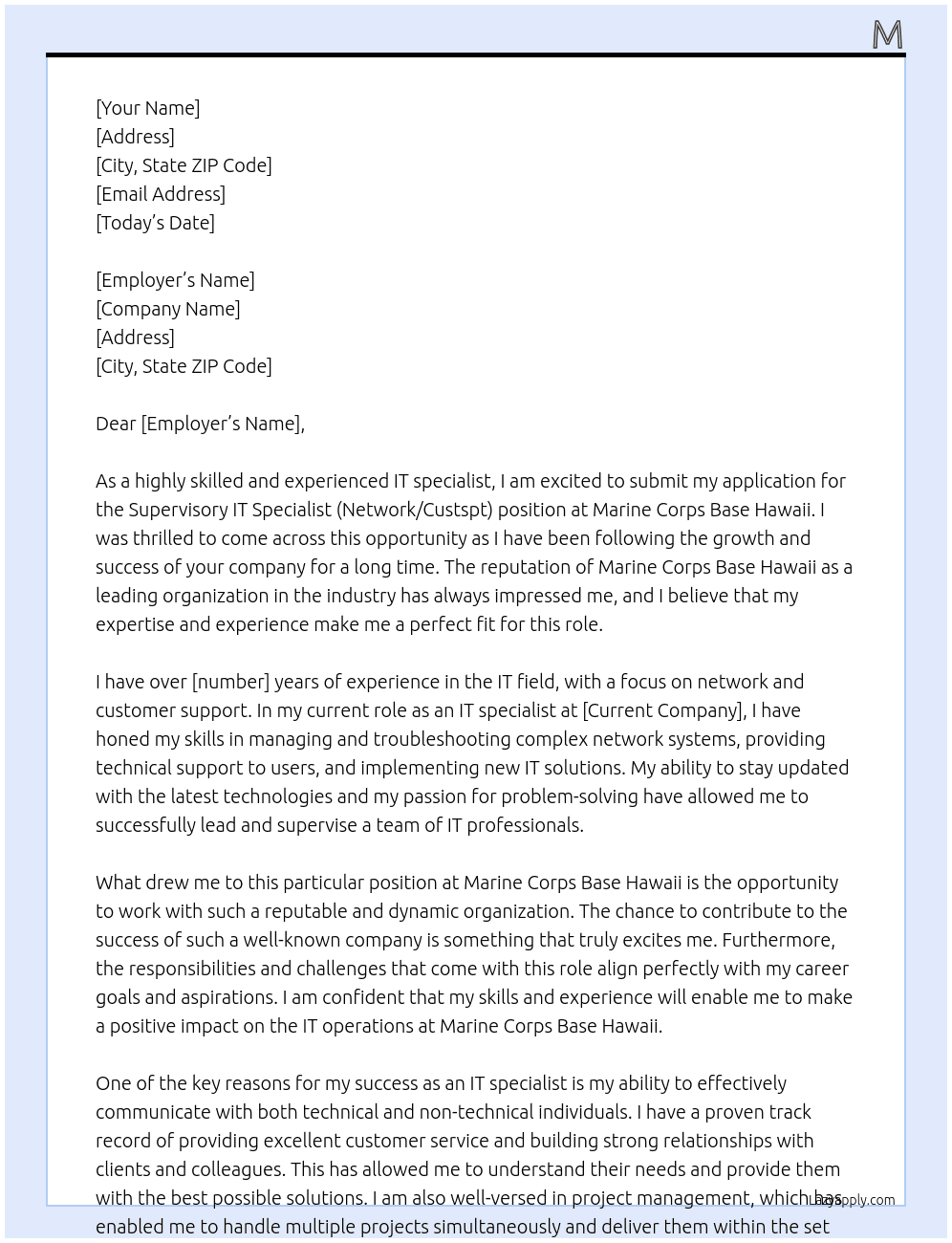 SUPERVISORY IT SPECIALIST (NETWORK/CUSTSPT)  At MARINE CORPS BASE HAWAII Cover Letter