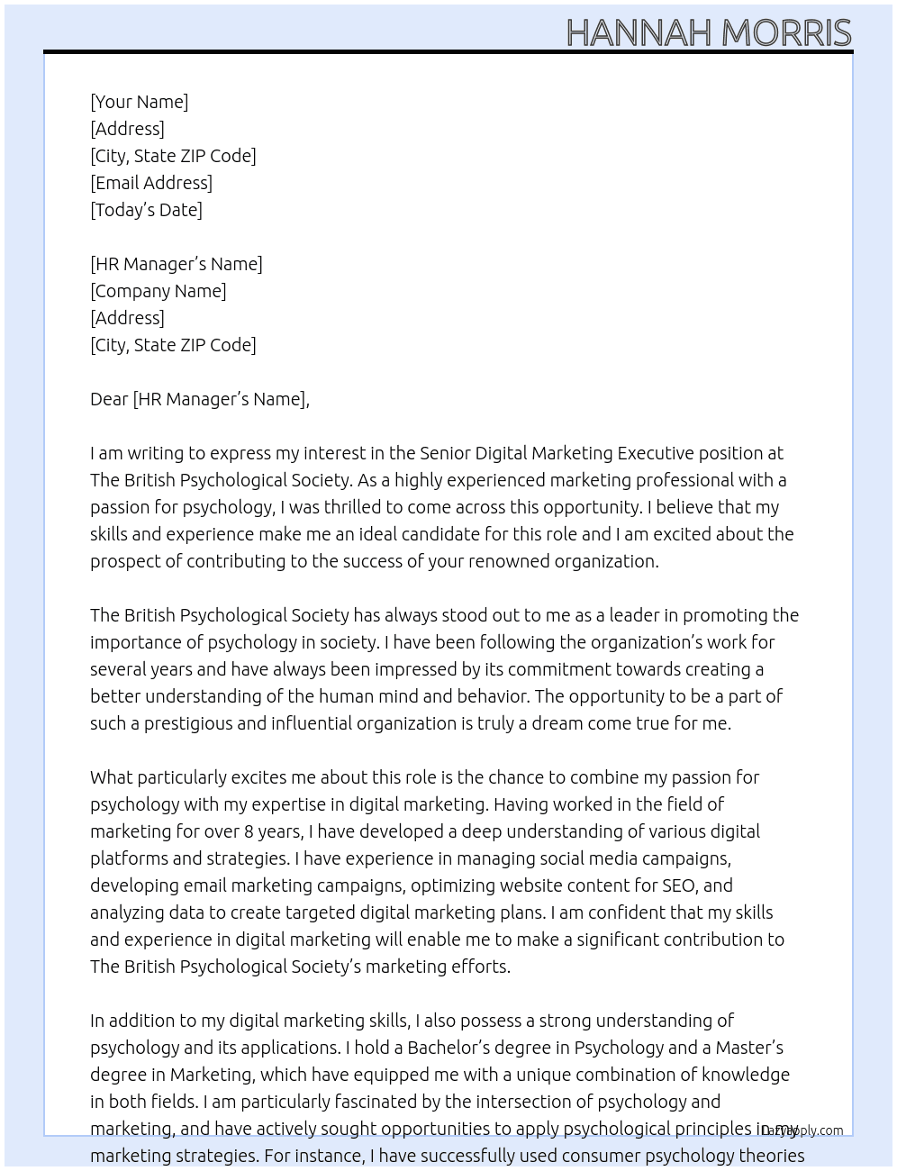 Senior Digital Marketing Executive At The British Psychological Society Cover Letter