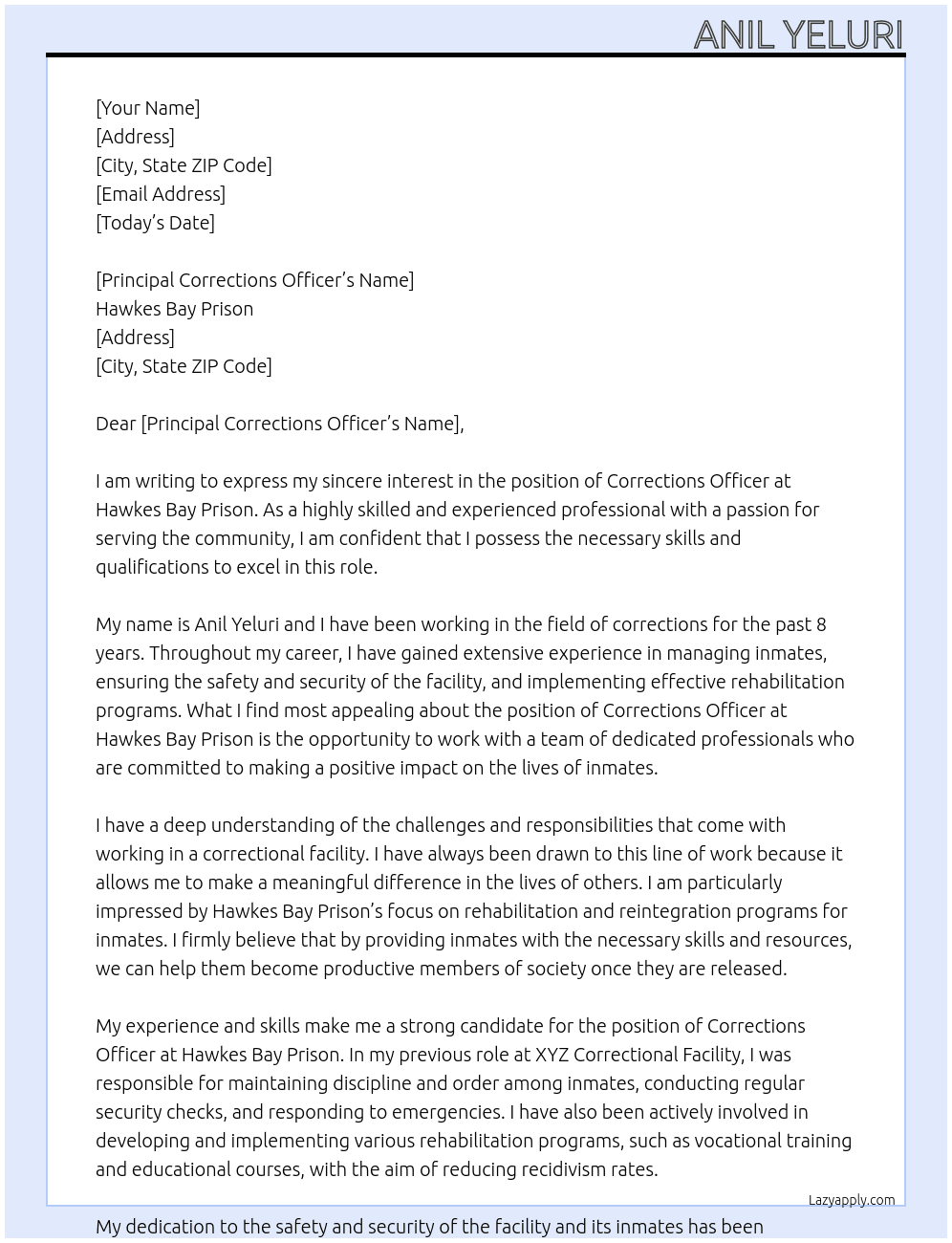 corrections officer At Hawkes Bay Prison  Cover Letter