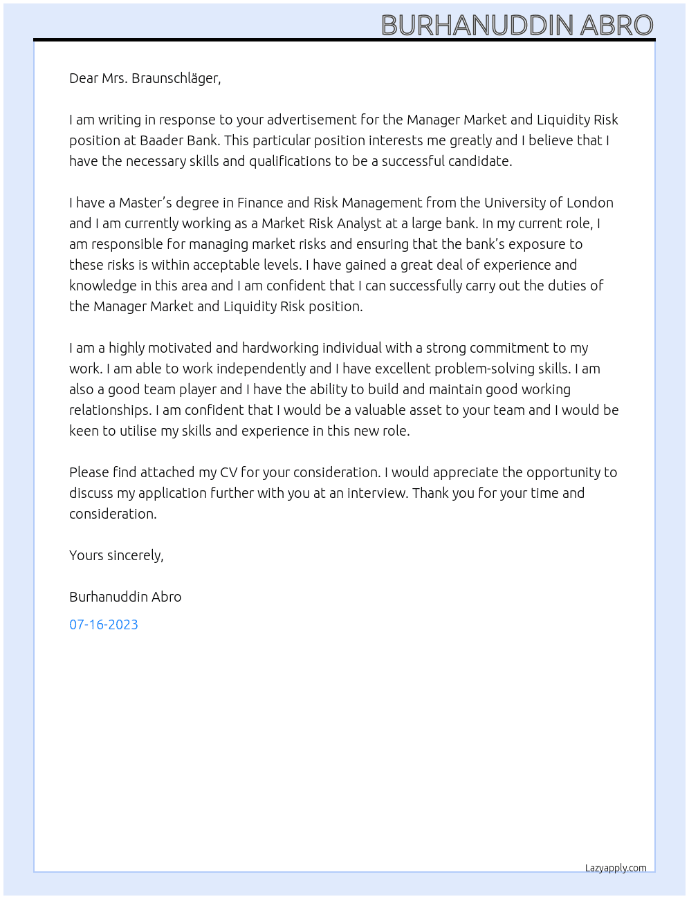 Manager Market and Liquidity Risk At Baader Bank Cover Letter