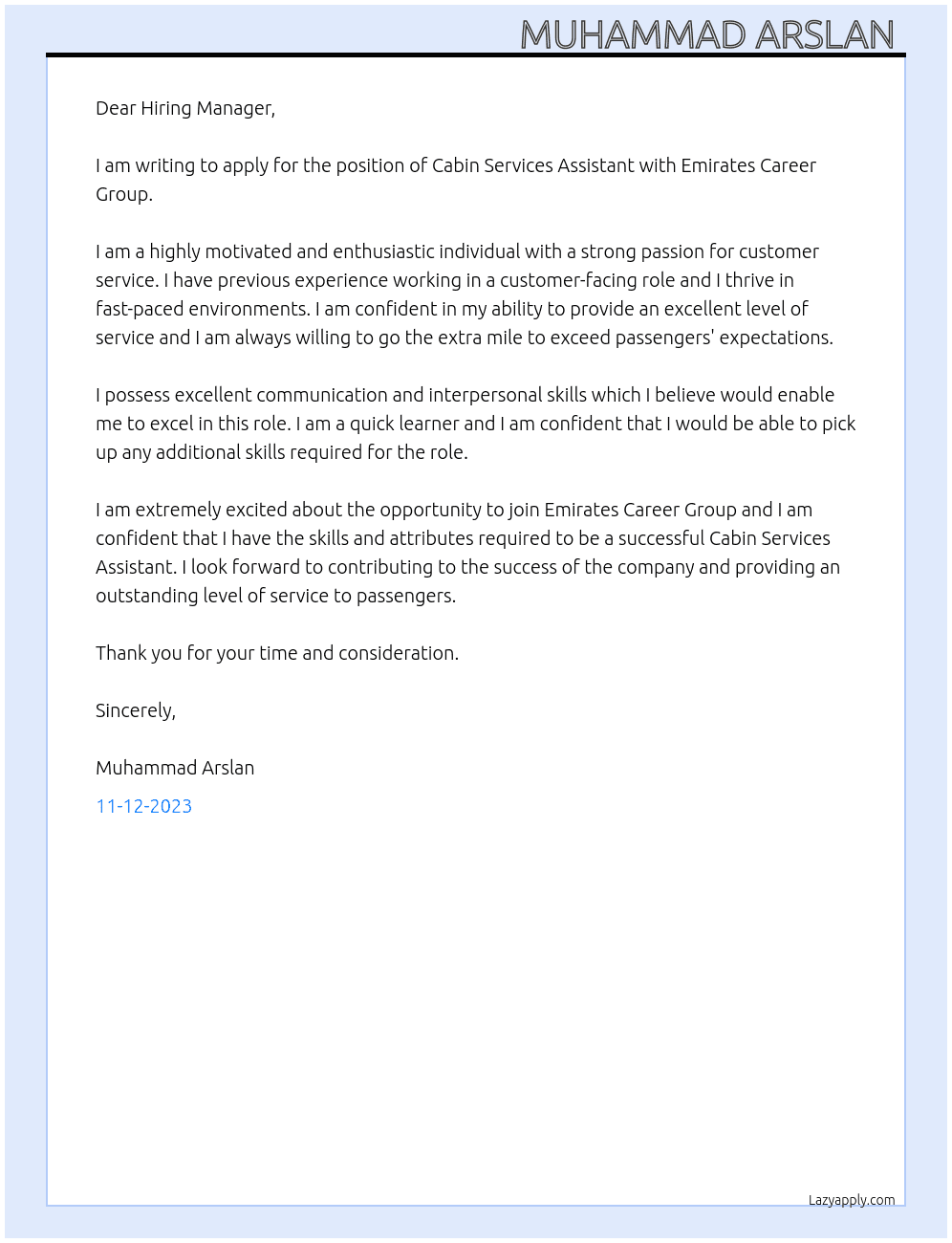 Cabin Services Assistant  At Emirates Career Group Cover Letter