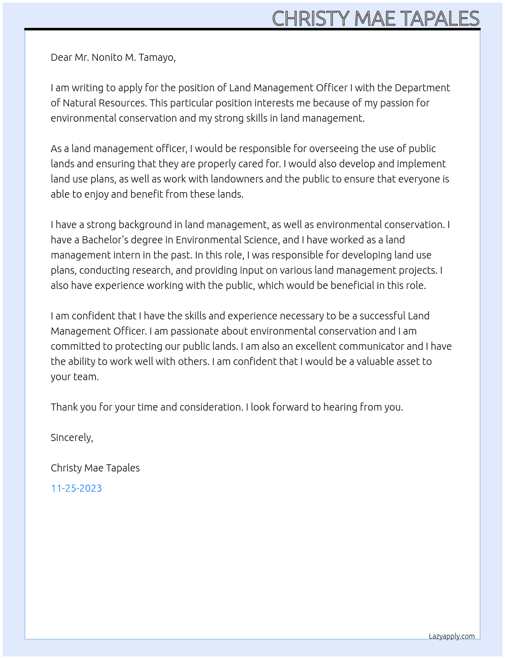 land management officer At DEPARTMENT OF NATURAL RESOURCES,LAND MANAGEMENT OFFICER I Cover Letter