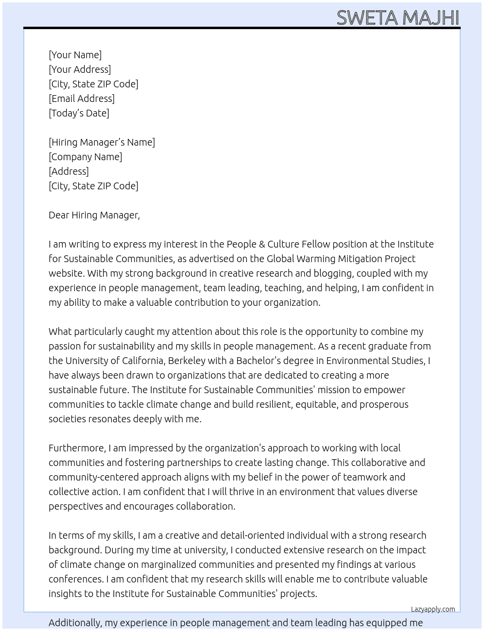 People & Culture Fellow at Institute for Sustainable Communities At Global Warming Mitigation Project Cover Letter