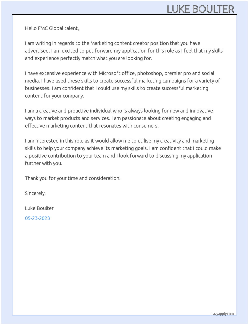 Marketing content creator  At FMC Global talent  Cover Letter