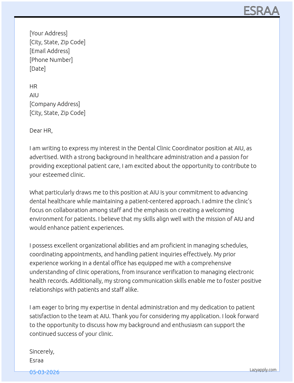 “Dental Clinic coordinator” At AIU Cover Letter